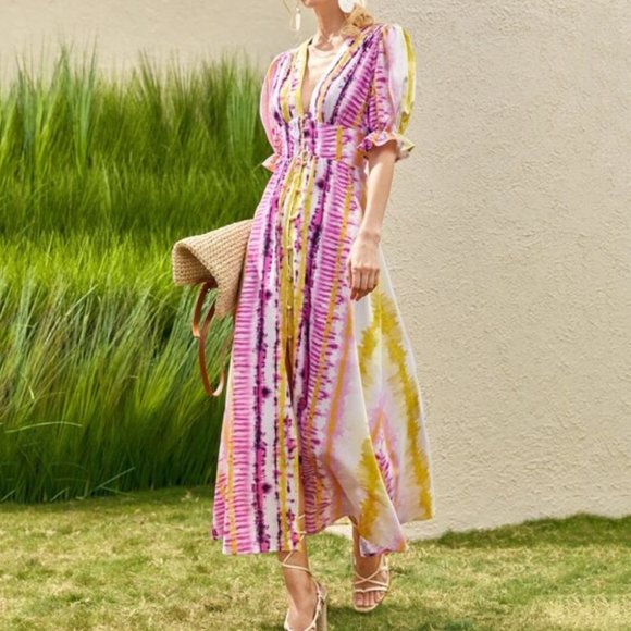 Tie Dye Puff Sleeve Button Down Maxi Dress - Picture 6 of 9